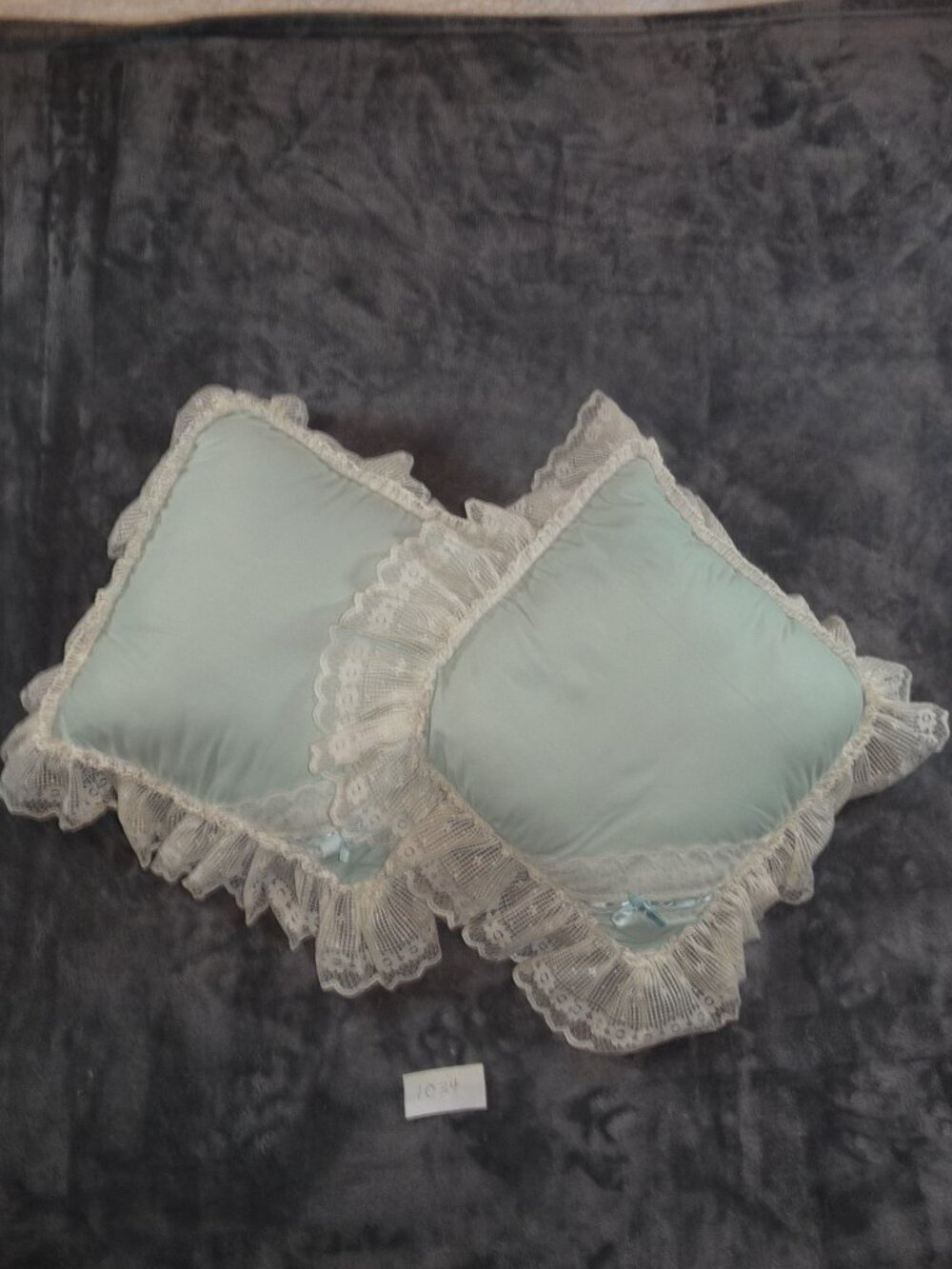 2 Vintage Light Green Lace Ruffle Boudoir Accent Pillows
